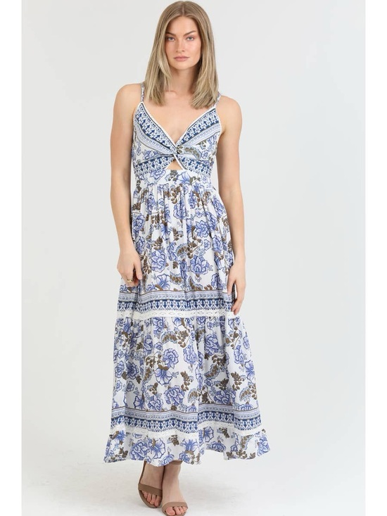 Angie Dresses & Skirts - Angie Boho Blue and White Floral Twisted Bust Maxi Dress Size M Great Condition